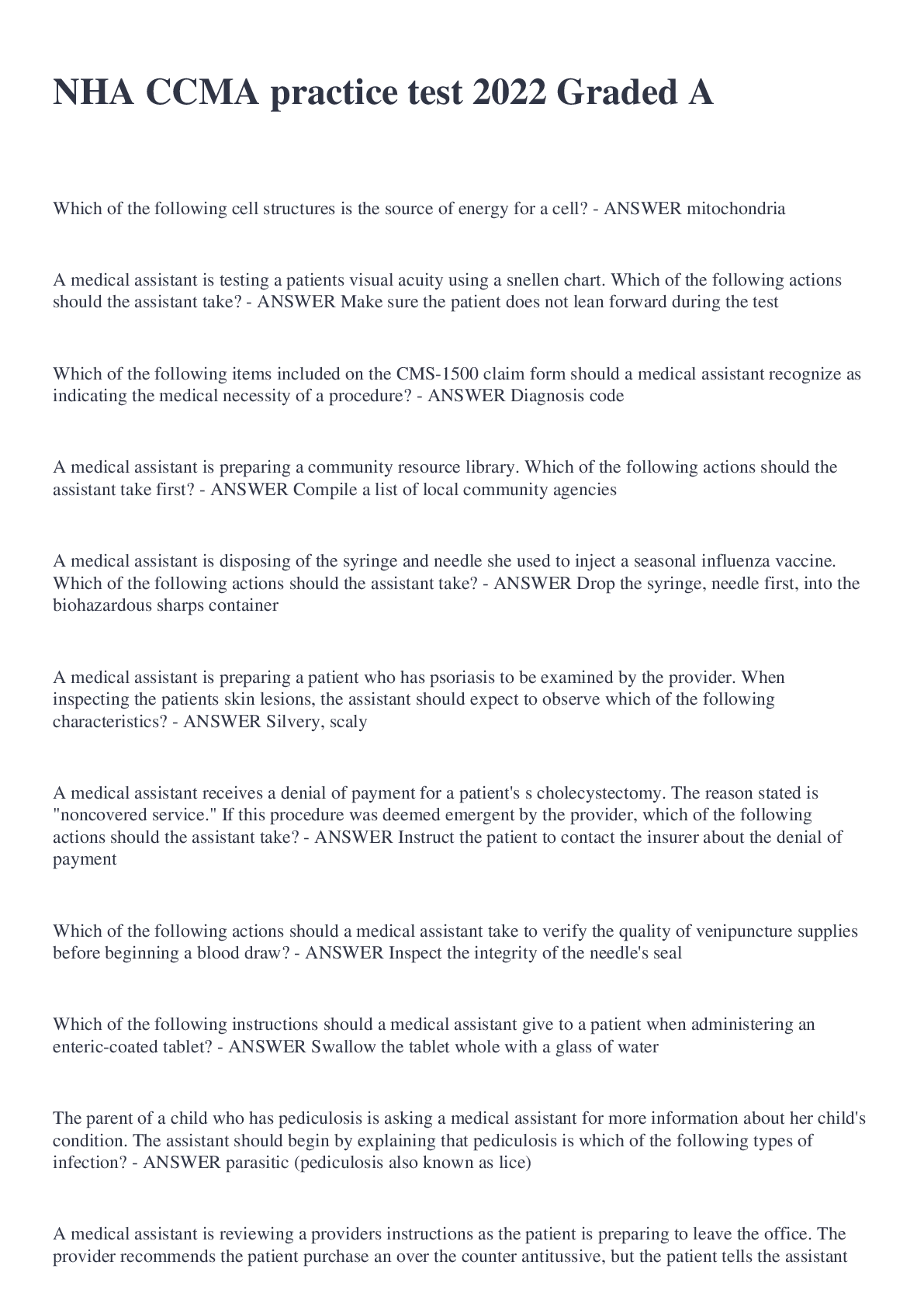 Preview image of NHA CCMA practice test 2022 Graded A document